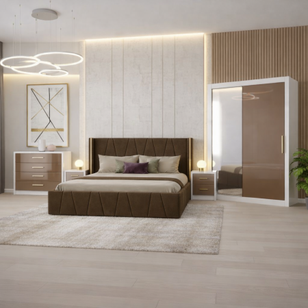 Set dormitor 160x200 - Set Dormitor Eva MDF lucios cu Somiera rabatabila si lada, dressing 150x200