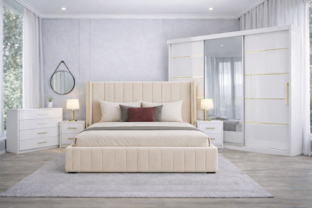Set dormitor 140x200 - Set Dormitor Golden mdf lucios cu Somiera Rabatabila si lada, dressing 250x200