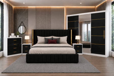 Set dormitor 180x200 - Set Dormitor Golden mdf lucios cu Somiera Rabatabila si lada, dressing 250x200