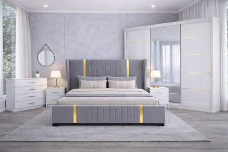 Set dormitor 140x200 - Set Dormitor Hawaii mdf lucios cu Somiera Rabatabila si lada de depozitare, dressing 250x200