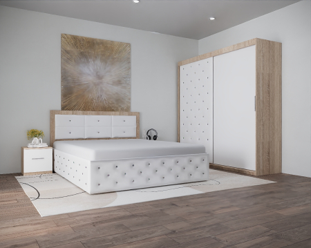 Set Pat cu Noptiere - Set Pat Nemira New Tapitat cu Noptiere si Dressing Sonoma&Alb