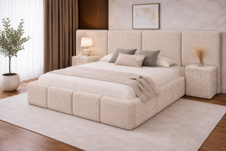 Toate Paturile - SET Pat ROYAL cu 2 noptiere tapitate, calitate superioara ✔