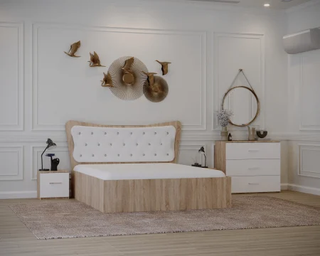 Set Pat cu Noptiere - Set Pat Vista Tapitat Alb cu Noptiere si Comoda