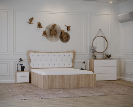 Set Pat cu Noptiere - Set Pat Vista Tapitat Sonoma&Alb cu Noptiere si Comoda