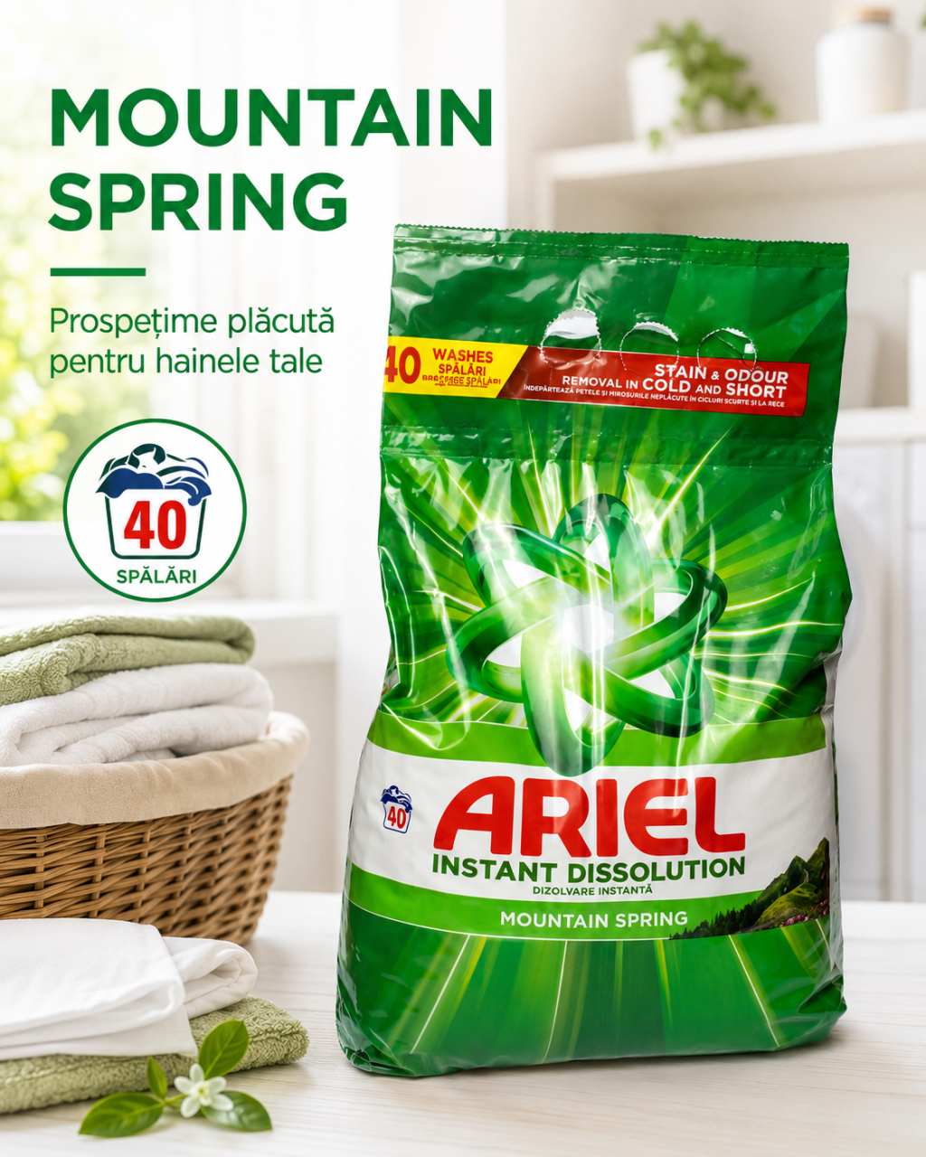 Ariel Instant Dissolution Mountain Spring Detergent Automat de Rufe Pudra 40 Spalari 2.6 kg [6]