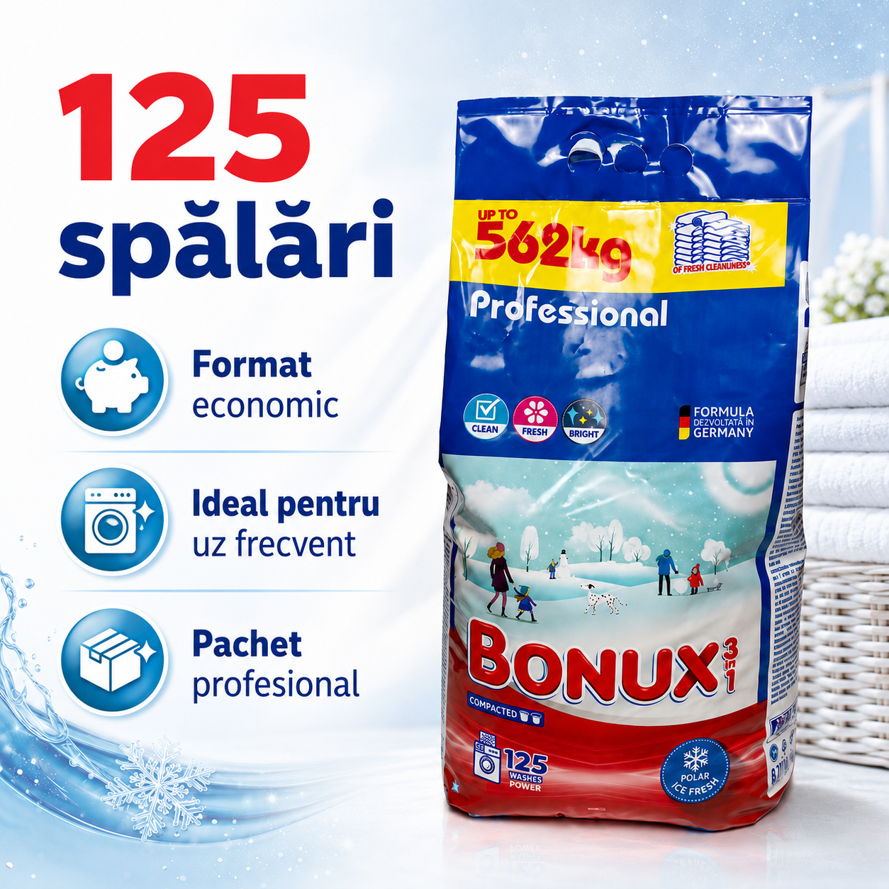 Bonux 3 în 1 Professional Polar Ice Fresh Detergent Rufe Pudră 125 Spălări 8.12 kg [3]