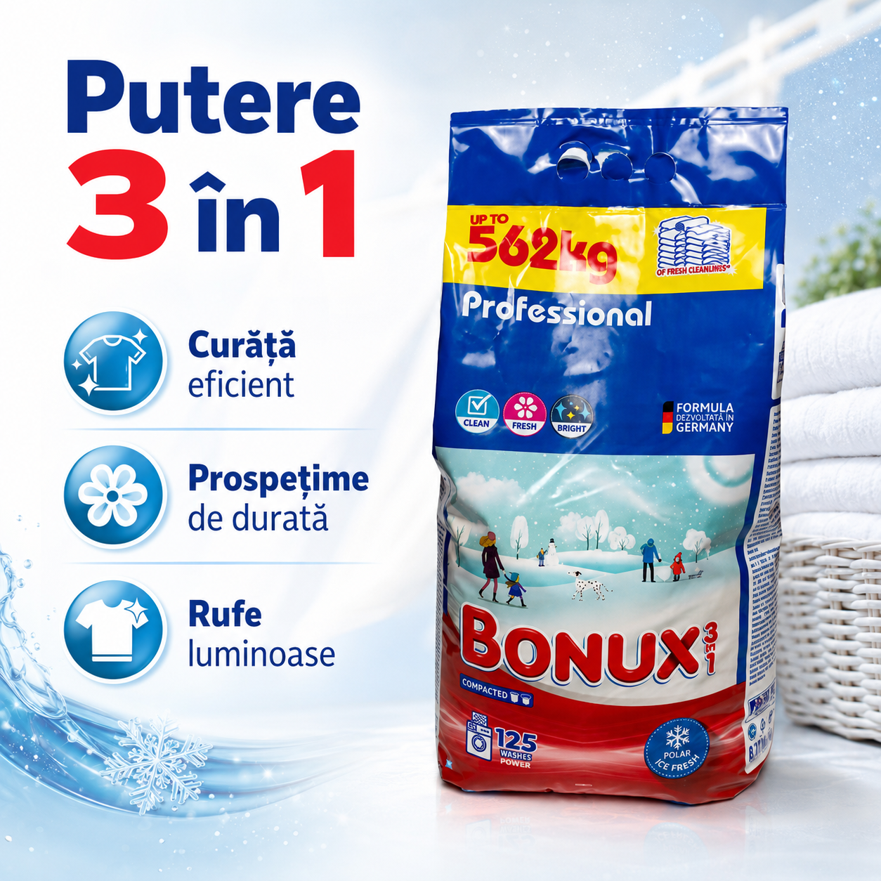 Bonux 3 în 1 Professional Polar Ice Fresh Detergent Rufe Pudră 125 Spălări 8.12 kg [5]