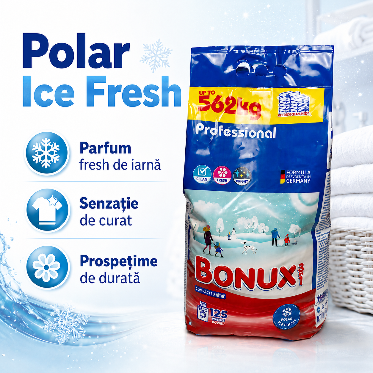 Bonux 3 în 1 Professional Polar Ice Fresh Detergent Rufe Pudră 125 Spălări 8.12 kg [6]