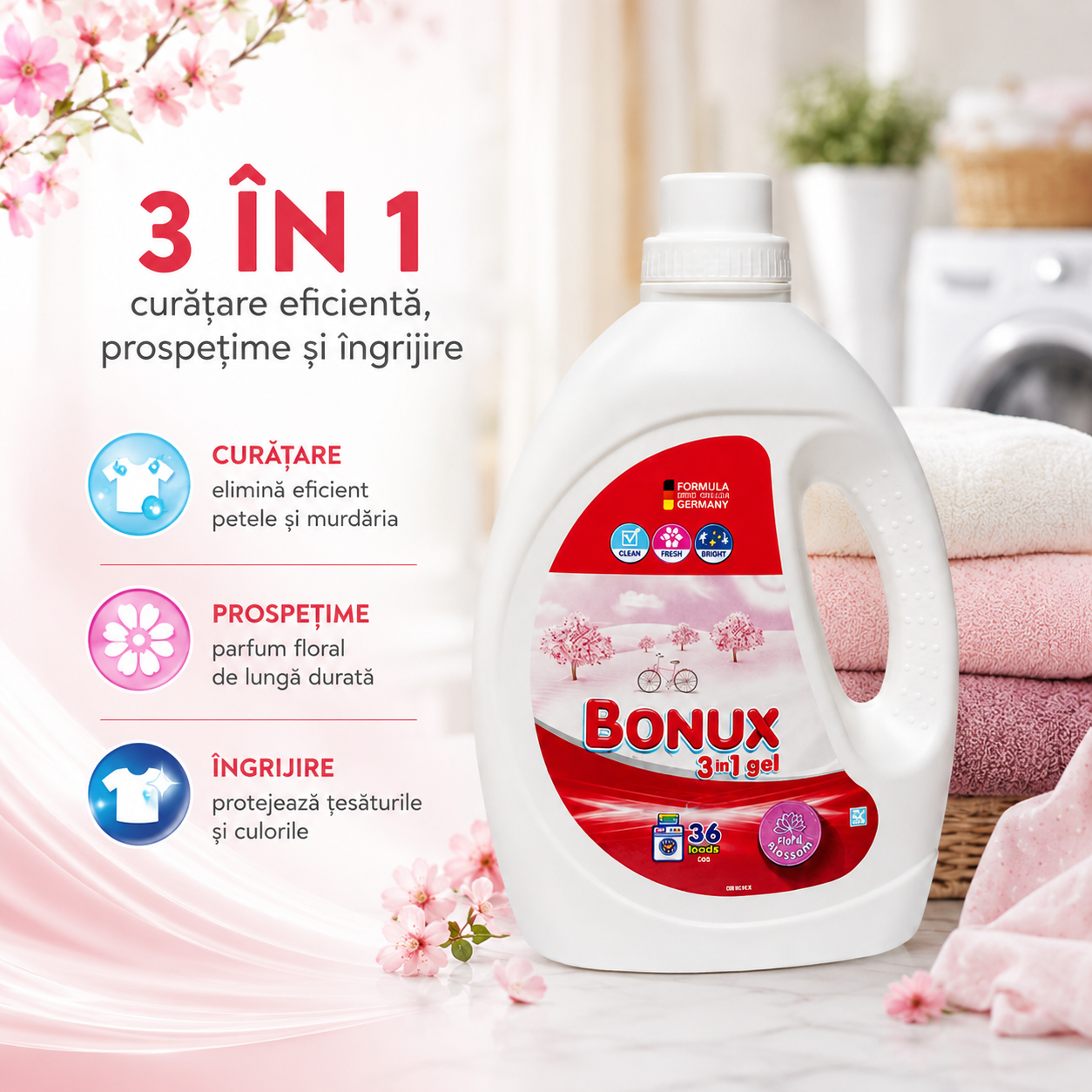 Bonux 3 în 1 Pure Magnolia Detergent Automat de Rufe Gel 36 Spălări 1.8 L [3]