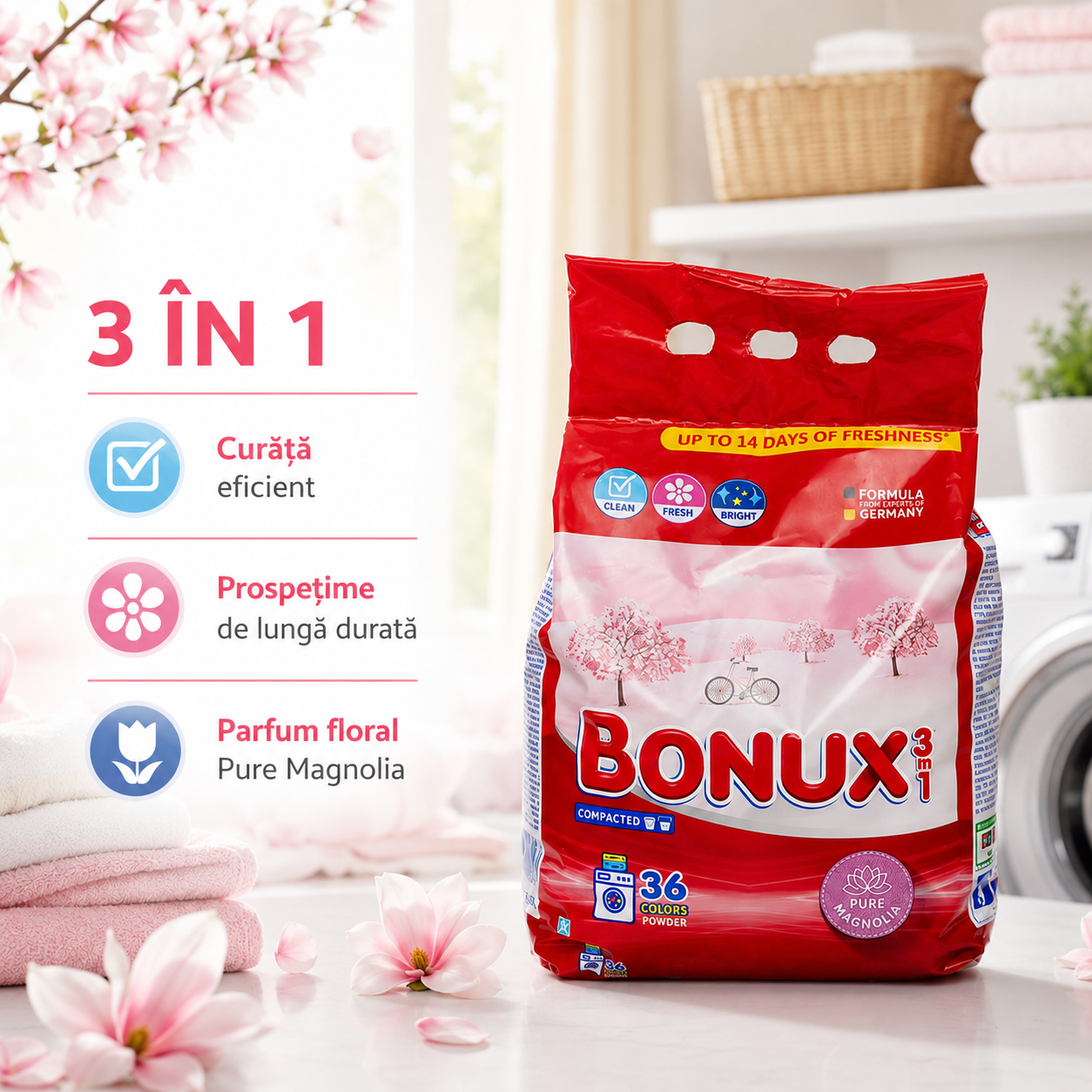 Bonux 3 în 1 Pure Magnolia Detergent Automat de Rufe Pudră 36 Spălări 2.34 kg [3]