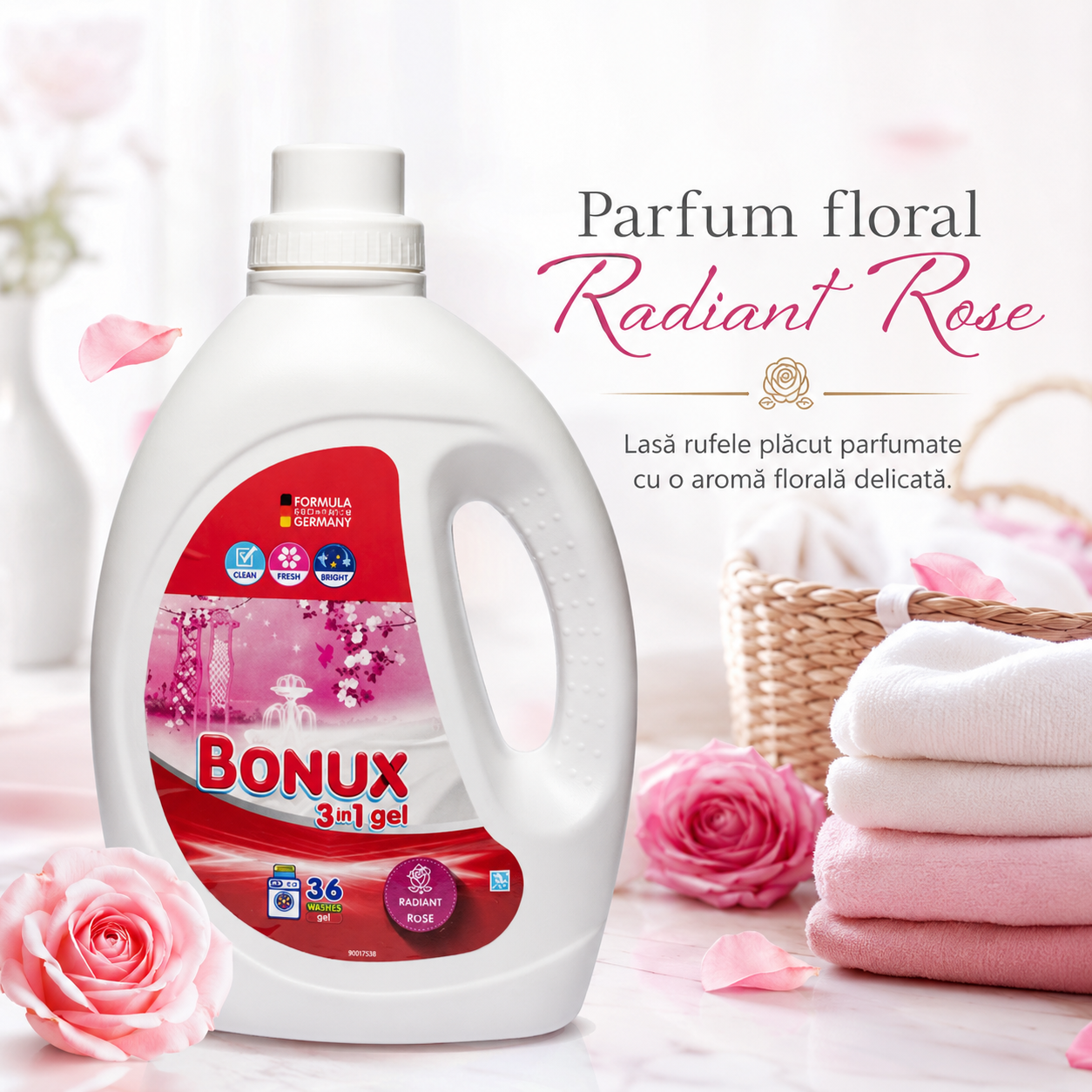 Bonux 3 în 1 Radiant Rose Detergent Automat de Rufe Gel 36 Spălări 1.8 L [5]