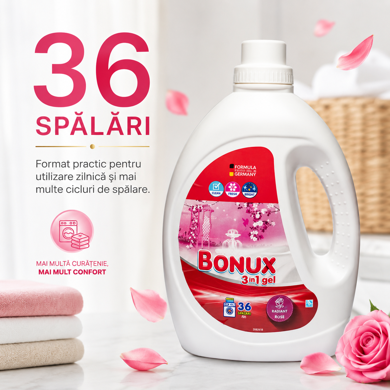 Bonux 3 în 1 Radiant Rose Detergent Automat de Rufe Gel 36 Spălări 1.8 L [4]