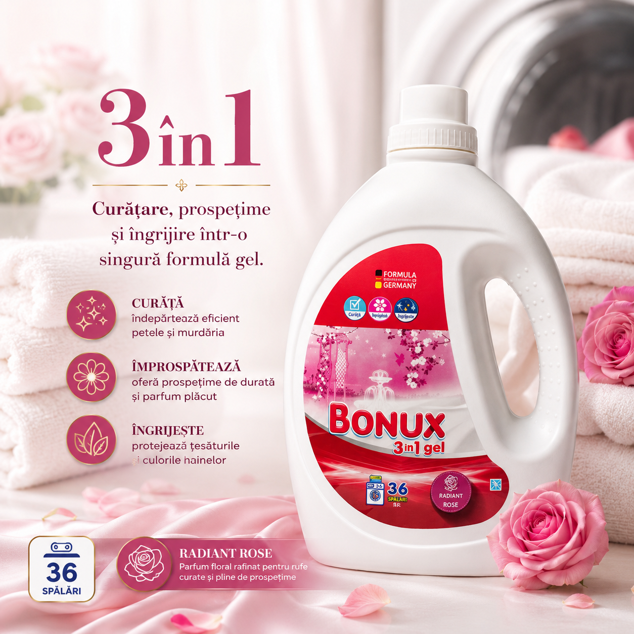 Bonux 3 în 1 Radiant Rose Detergent Automat de Rufe Gel 36 Spălări 1.8 L [6]