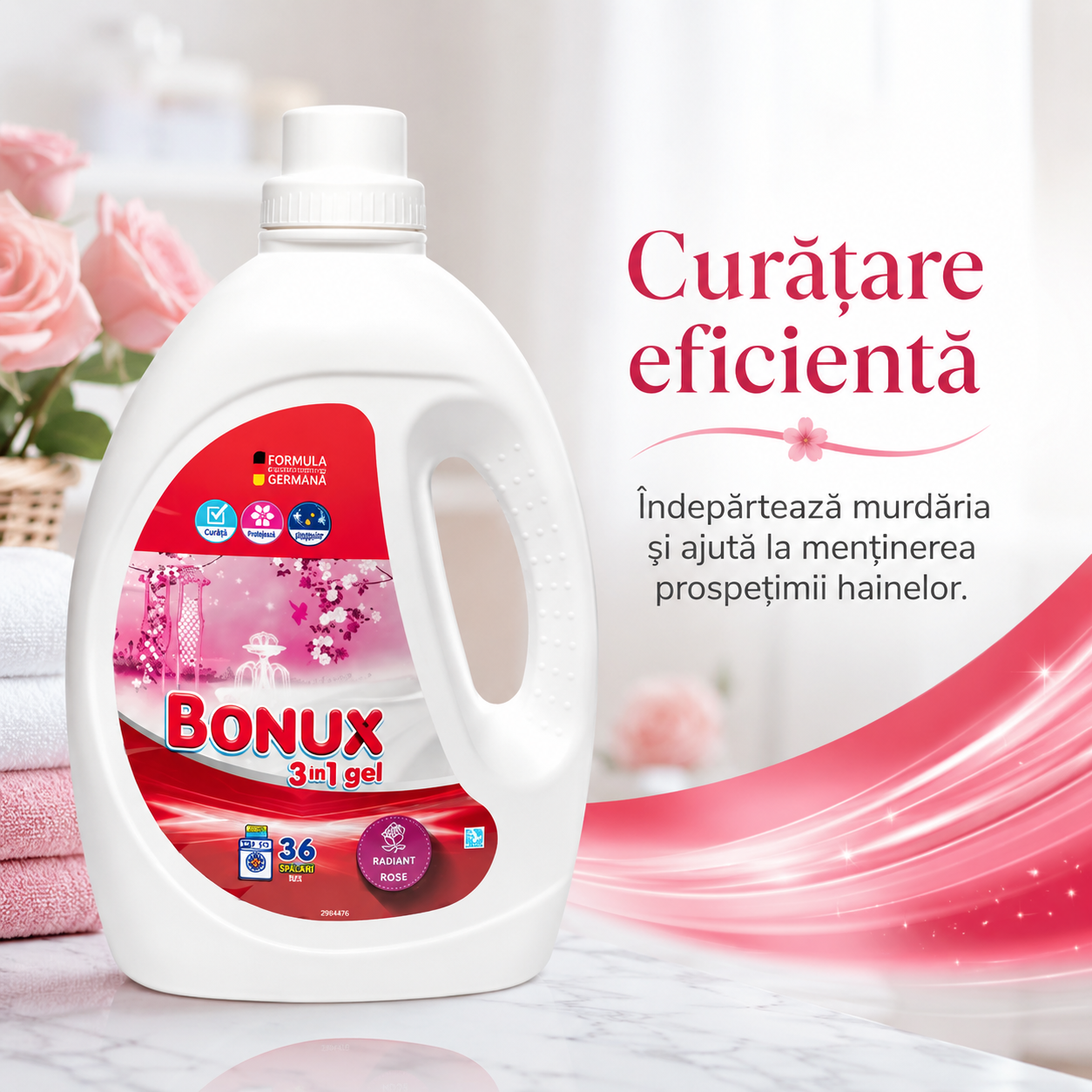 Bonux 3 în 1 Radiant Rose Detergent Automat de Rufe Gel 36 Spălări 1.8 L [3]