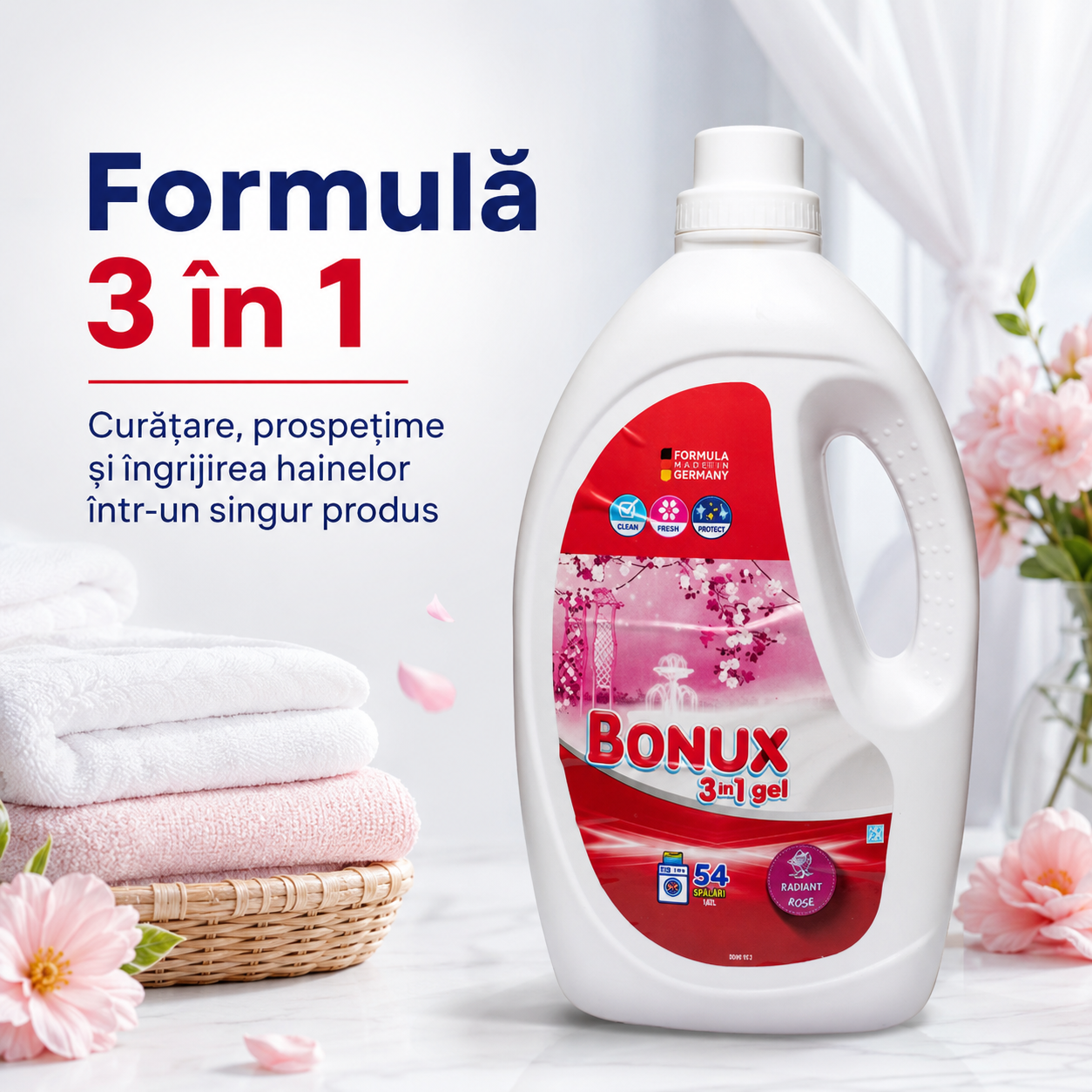 Bonux 3 în 1 Radiant Rose Detergent Automat de Rufe Gel 54 Spălări 2.7 L [4]