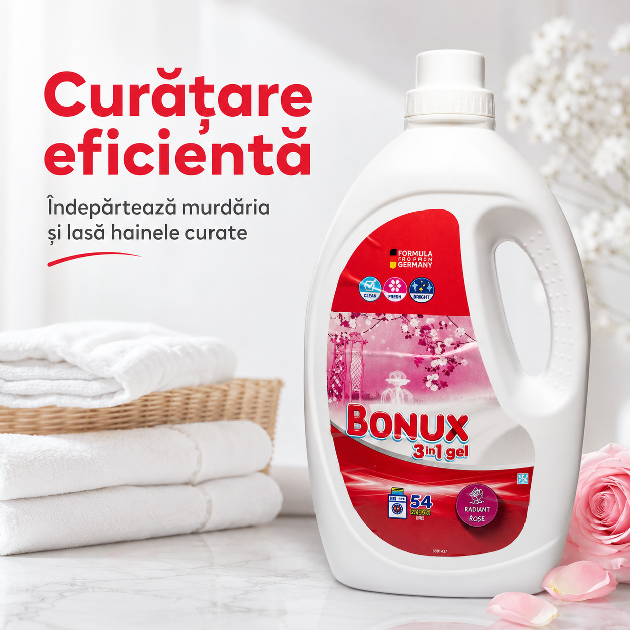 Bonux 3 în 1 Radiant Rose Detergent Automat de Rufe Gel 54 Spălări 2.7 L [5]