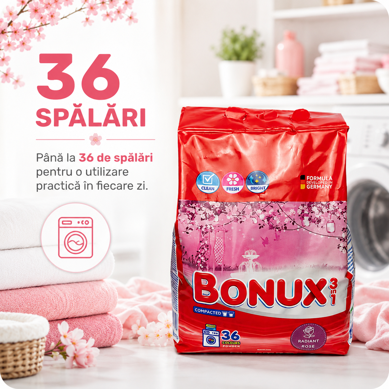 Bonux 3 în 1 Radiant Rose Detergent Automat de Rufe Pudră 36 Spălări 2.34 kg [4]