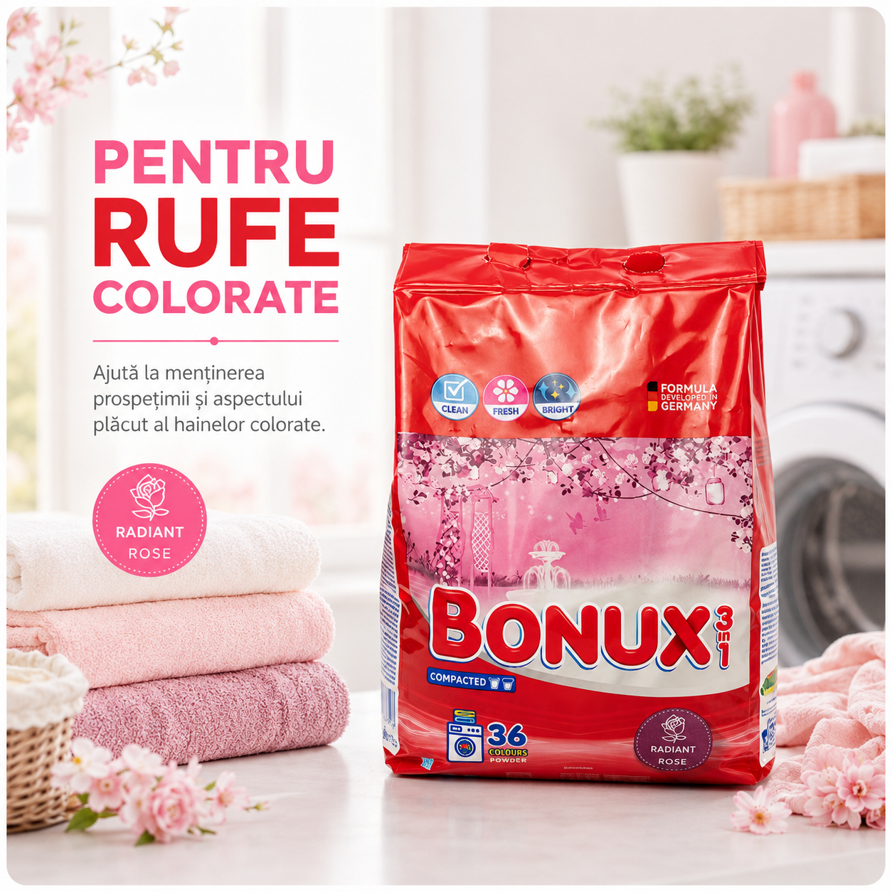 Bonux 3 în 1 Radiant Rose Detergent Automat de Rufe Pudră 36 Spălări 2.34 kg [2]