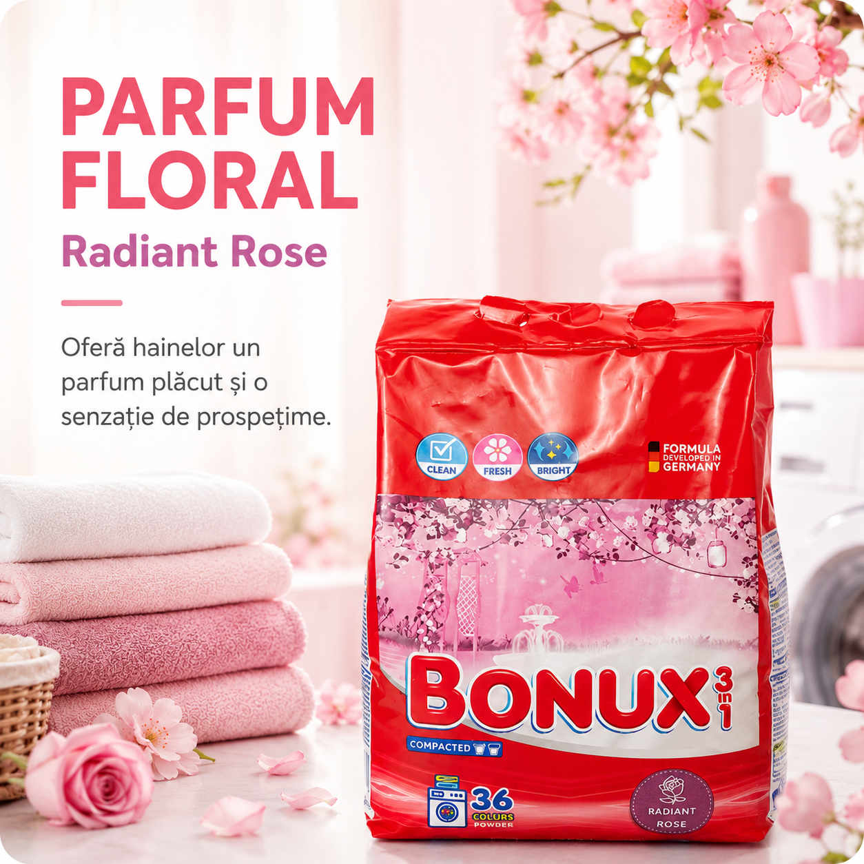 Bonux 3 în 1 Radiant Rose Detergent Automat de Rufe Pudră 36 Spălări 2.34 kg [5]