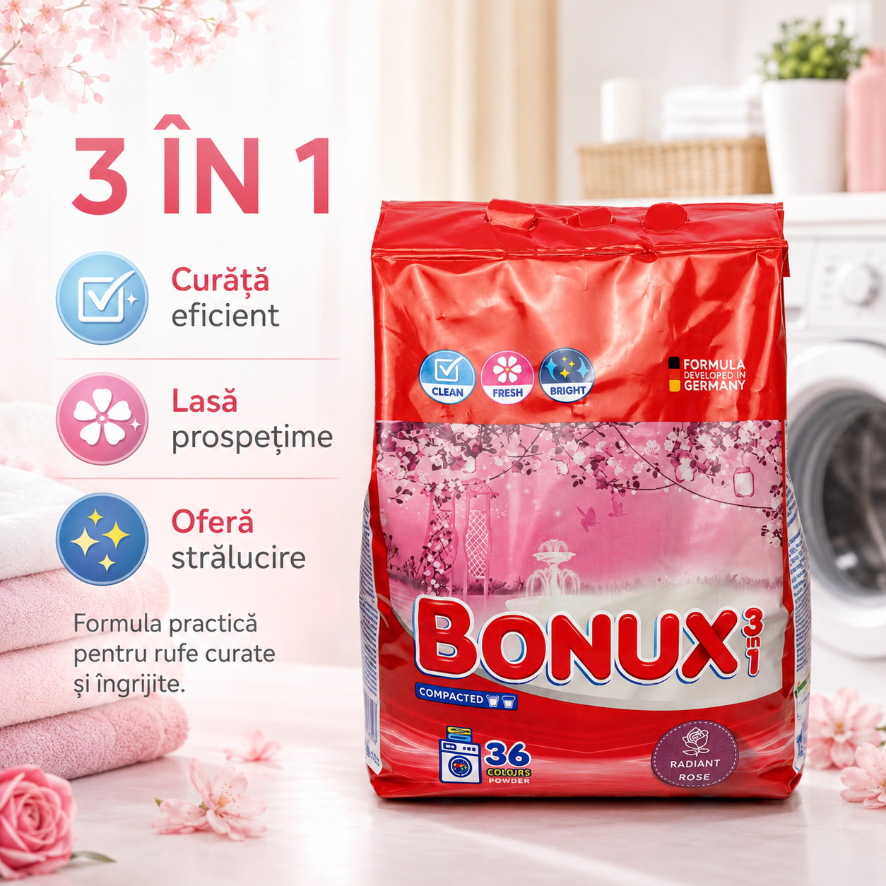 Bonux 3 în 1 Radiant Rose Detergent Automat de Rufe Pudră 36 Spălări 2.34 kg [3]