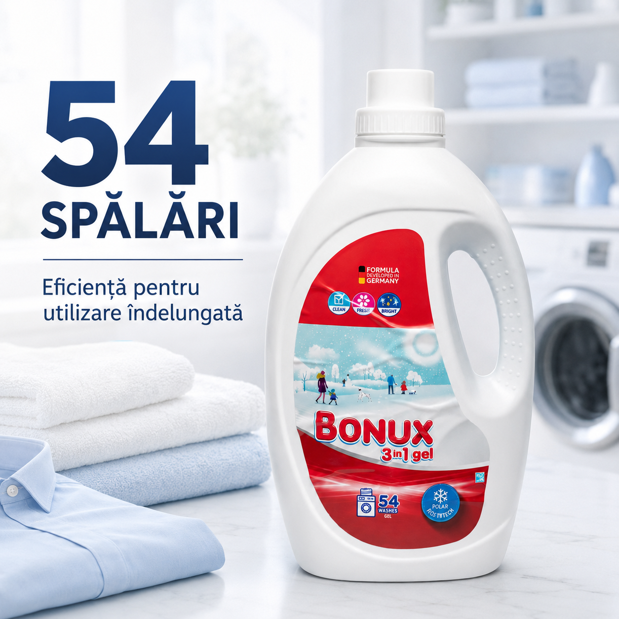 Bonux 3 în 1 White Ice Fresh Detergent Automat de Rufe Gel 54 Spălări 2.7 L [3]