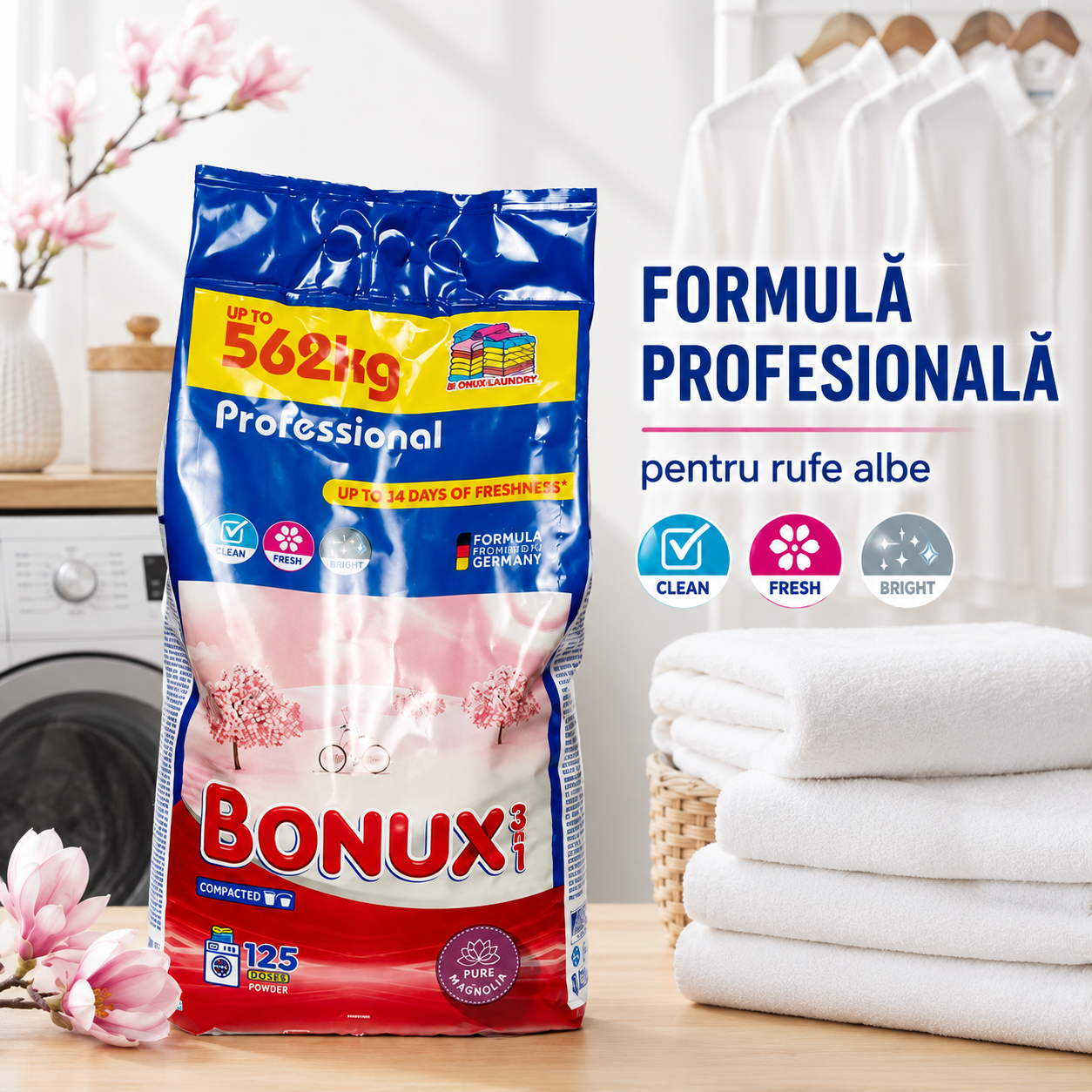 Bonux Professional 3 în 1 Pure Magnolia Detergent Rufe Pudră 125 Spălări 8.12 kg [6]