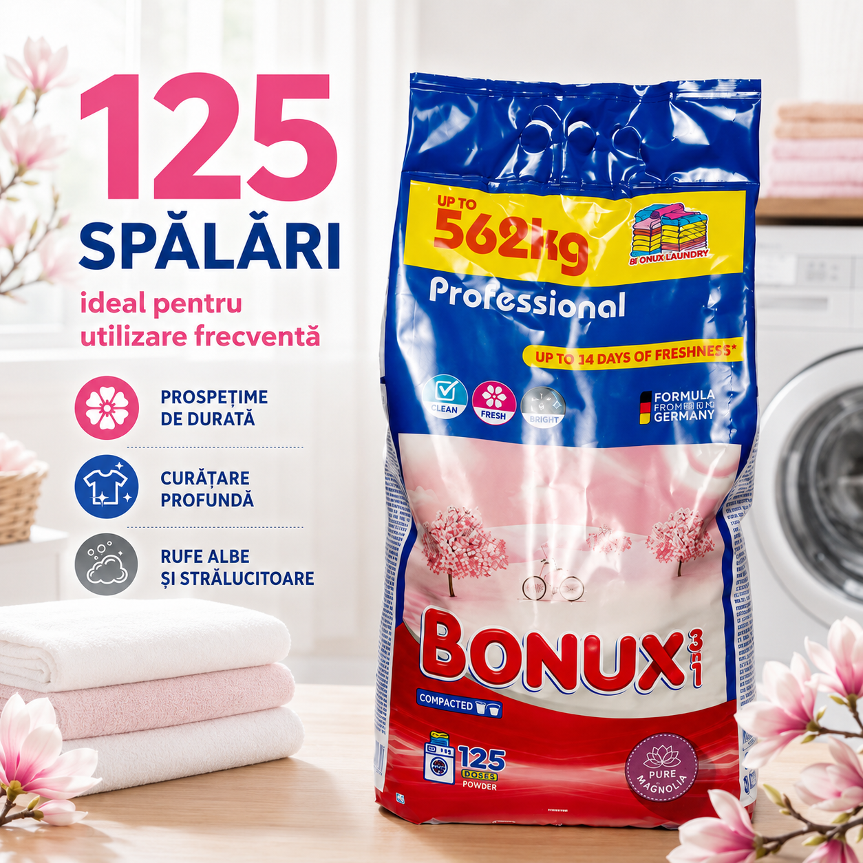 Bonux Professional 3 în 1 Pure Magnolia Detergent Rufe Pudră 125 Spălări 8.12 kg [3]