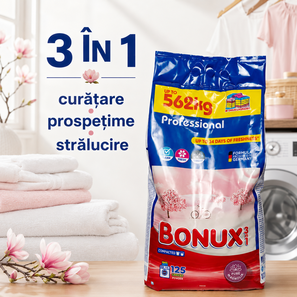 Bonux Professional 3 în 1 Pure Magnolia Detergent Rufe Pudră 125 Spălări 8.12 kg [4]