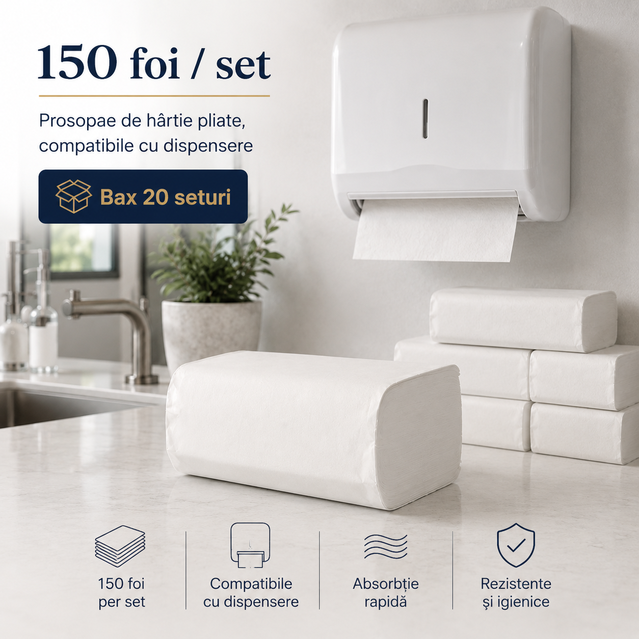 Misavan Prosoape Hârtie Pliante V Premium Alb 2 Straturi 150 Foi Set Bax 20 Seturi [3]