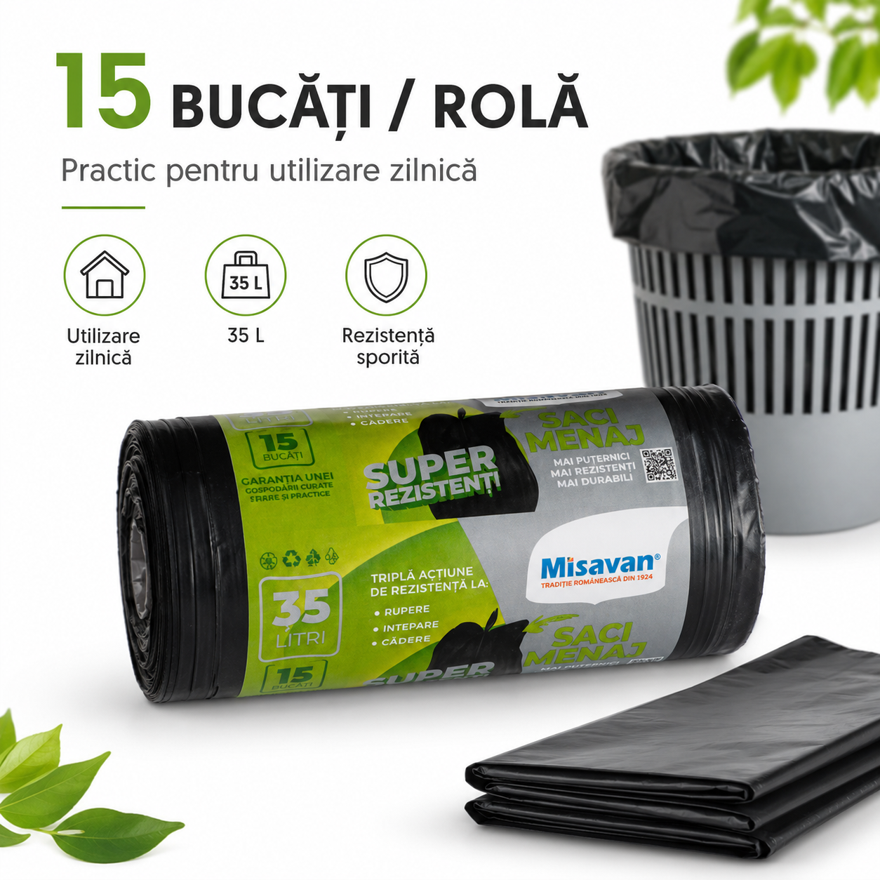 Misavan Saci Menajeri Super Rezistenți 35 L 15 Bucăți Negri [5]
