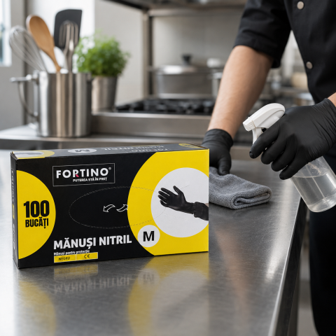 Accesorii curățenie & menaj - Mănuși din nitril negre Fortino mărimea M – 100 bucăți