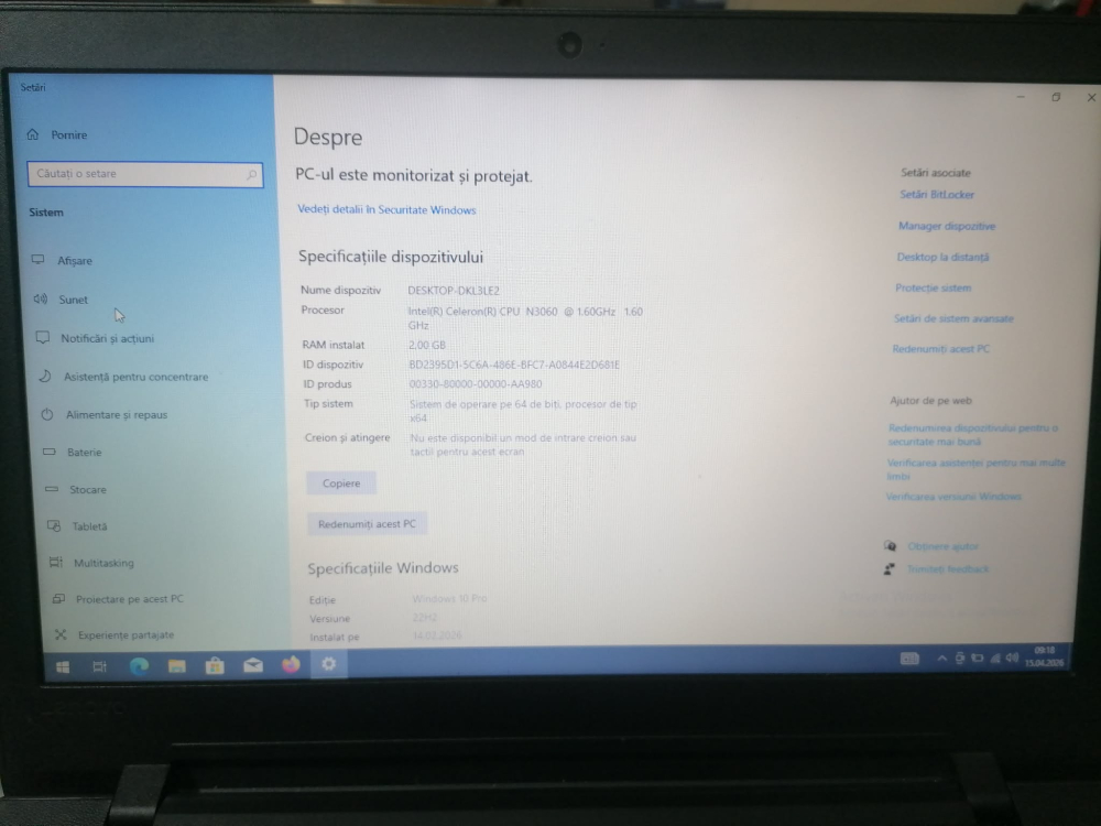 Laptop Lenovo Ideapad 110-15IBR – Celeron N3060 – 2GB RAM – SSD 120GB – Second Hand – Testat [3]