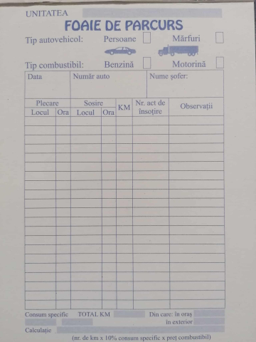 Pentru firmă - Foi de Parcurs – Format A5, 100 File, Hartie Offset, Transport Persoane sau Marfuri