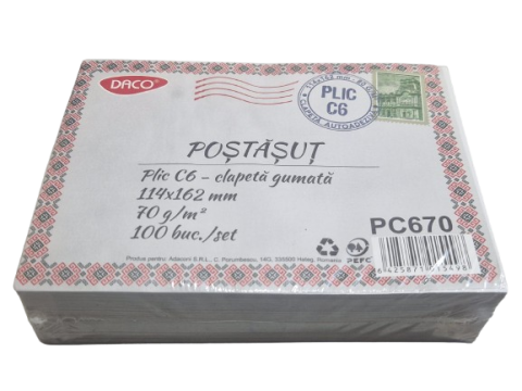 Pentru firmă - Plic C6 – Clapeta gumata – 114x162 mm – 70 g/mp – Set 100 bucati