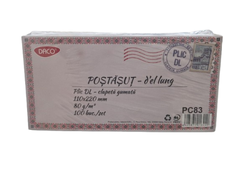Pentru firmă - Plic DL – Clapeta gumata – 110x220 mm – 80 g/mp – Set 100 bucati