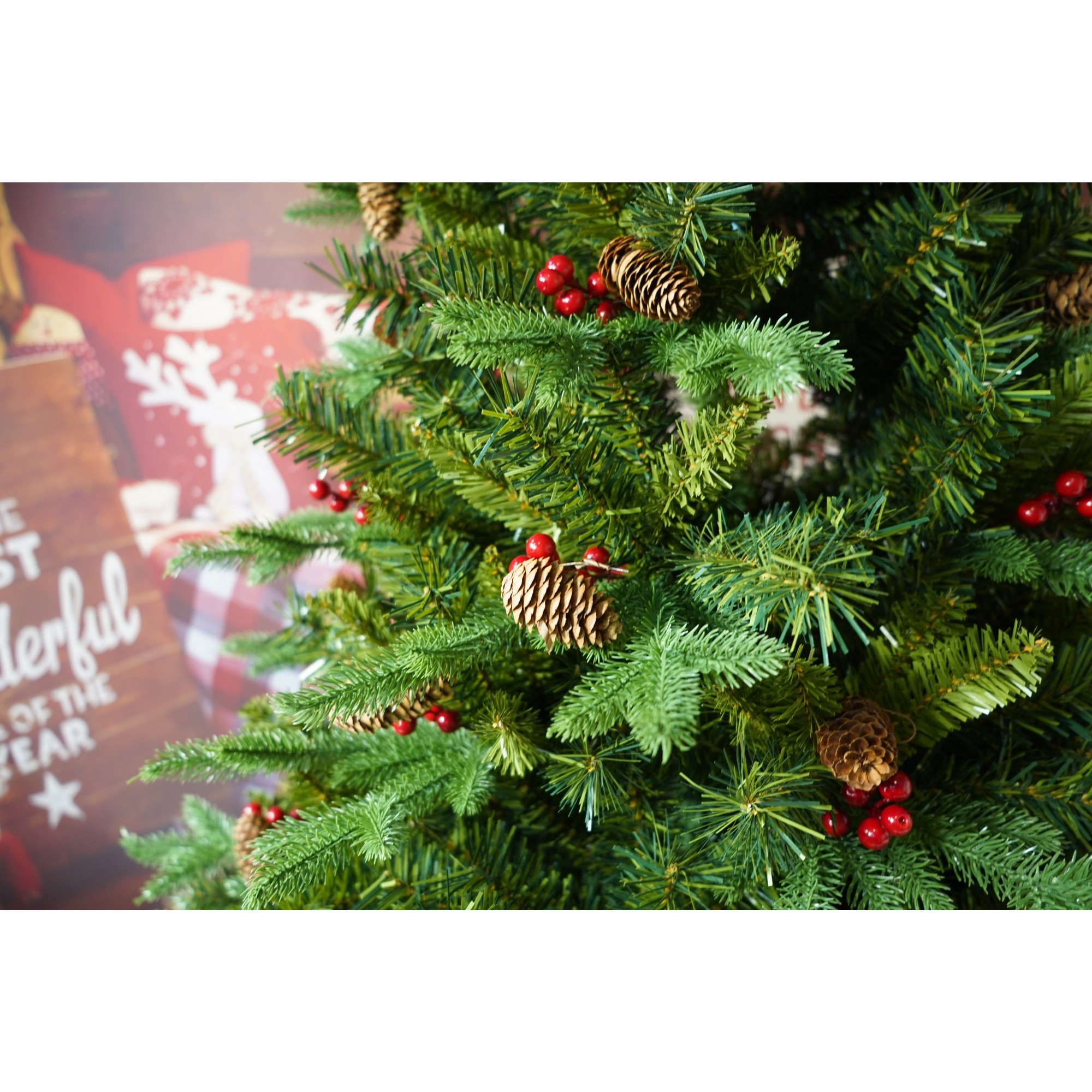 Brad Artificial de Craciun Bogat, Flippy, 1.80 m inaltime, 774 ramuri, Premium, Verde, Decorat cu 56 conuri pin rosii, Interior/ Exterior [4]