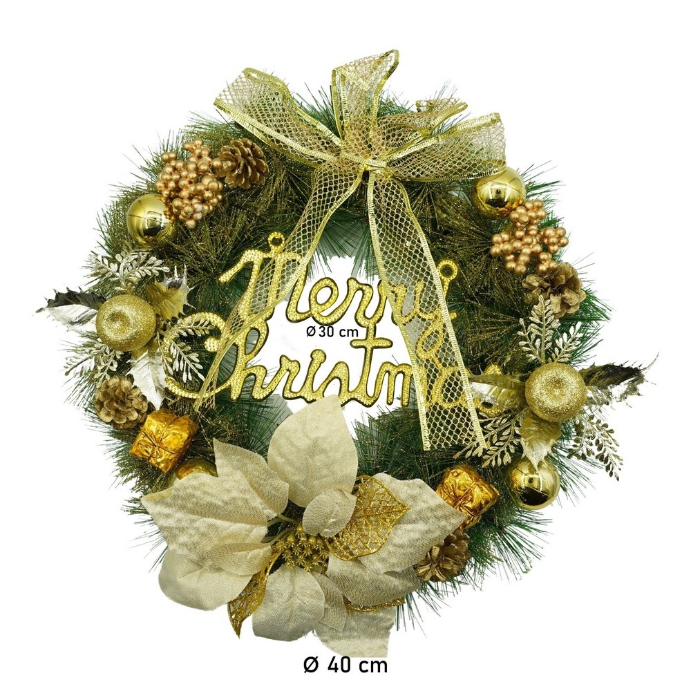 Coronita de Craciun pentru usa, Verde-Auriu, 40 cm, PVC, Artificiala, Decorata, Interior/Exterior, Flippy [10]