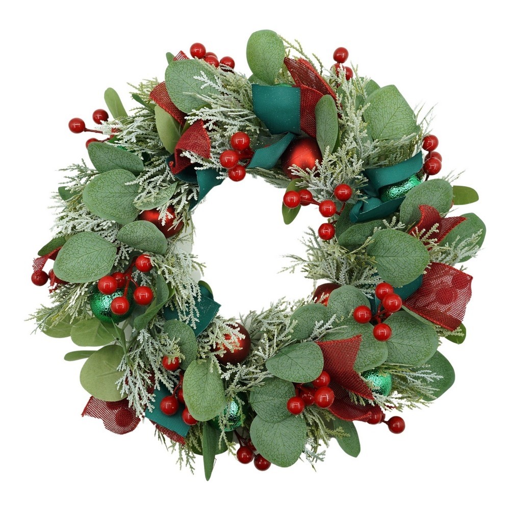 Coronita Craciun - Coronita de Craciun pentru usa, Verde/Rosu, 40 cm, PVC, Artificiala, Decorata, Interior/Exterior, Flippy