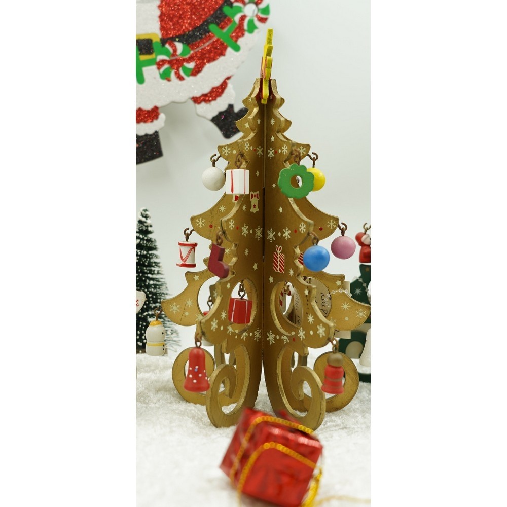 Decoratiune Craciun, Brad, Auriu, 6 cavitati cu ornamente, 12 cm x 20 cm, Lemn, Flippy [9]