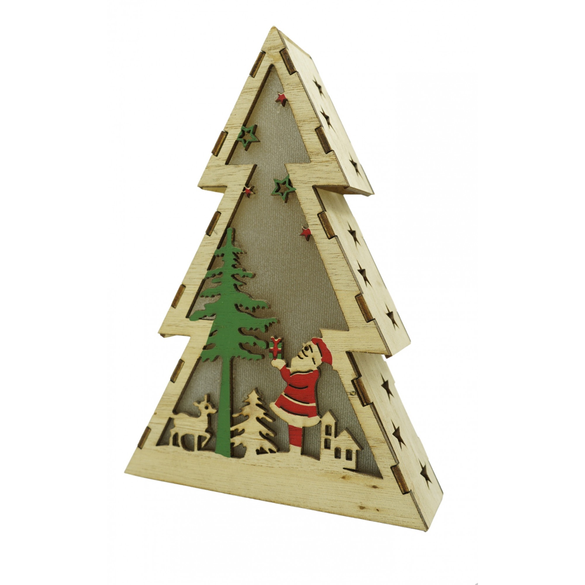 Decoratiuni Luminoase - Decoratiune luminoasa, model de Brad cu Mos Craciun, maro, lungime: 14 cm, latime: 5 cm, inaltime: 20 cm, lemn, interior/exterior