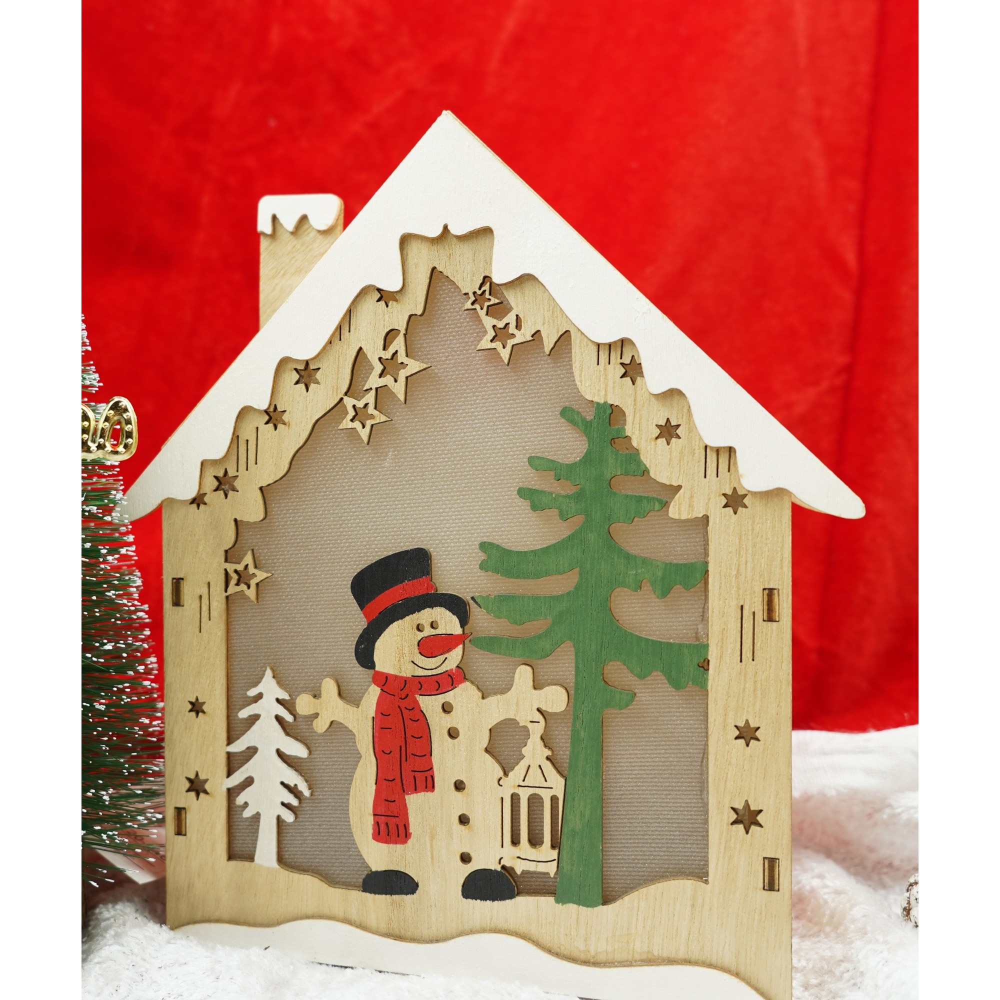 Decoratiune luminoasa, model de Casa cu Om de zapada, maro, lungime: 18 cm, latime: 5 cm, inaltime: 21 cm, lemn, interior/exterior [2]