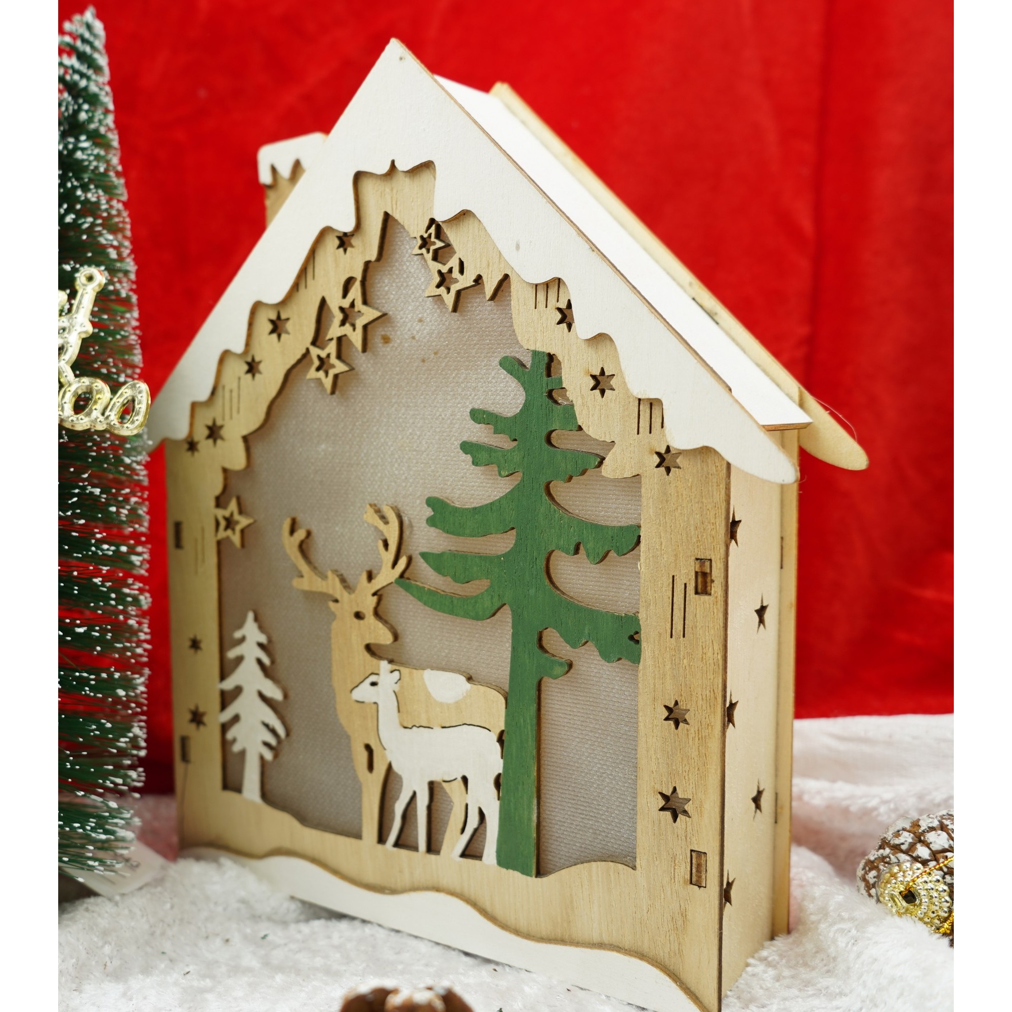 Decoratiune luminoasa, model de Casa cu Reni, maro, lungime: 18 cm, latime: 5 cm, inaltime: 21 cm, lemn, interior/exterior [2]