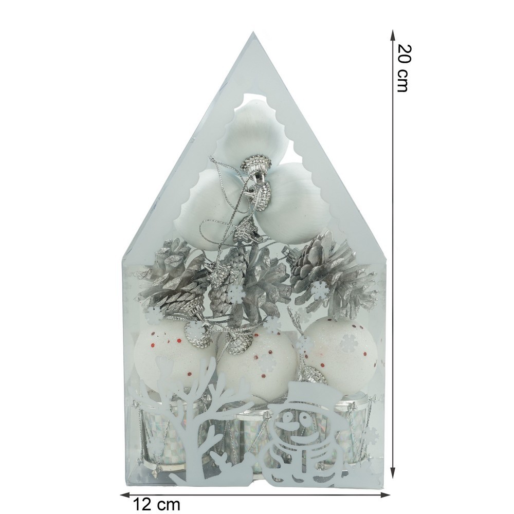 Set de 12 ornamente de brad, Flippy, de tip Glob, Alb/ Argintiu, din polistiren, cu finisaj sclipitor , cutie 4 cm adancime x 20 cm inaltime x 12 cm lungime) [11]
