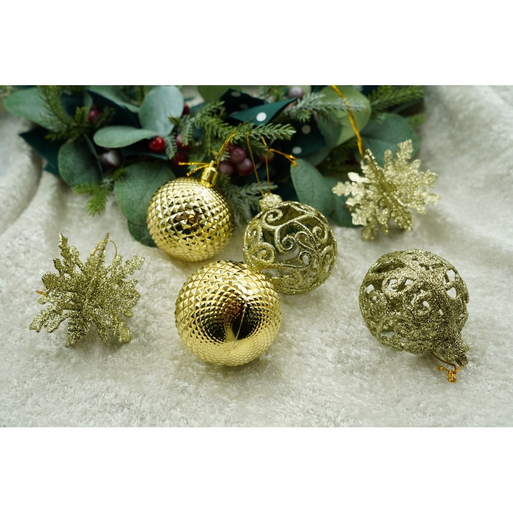 Set de 12 ornamente de brad, Flippy, de tip Glob, Auriu, din plastic, cu finisaj sclipitor , cutie 6 cm adancime x 23 cm lungime x 18 cm inaltime [7]