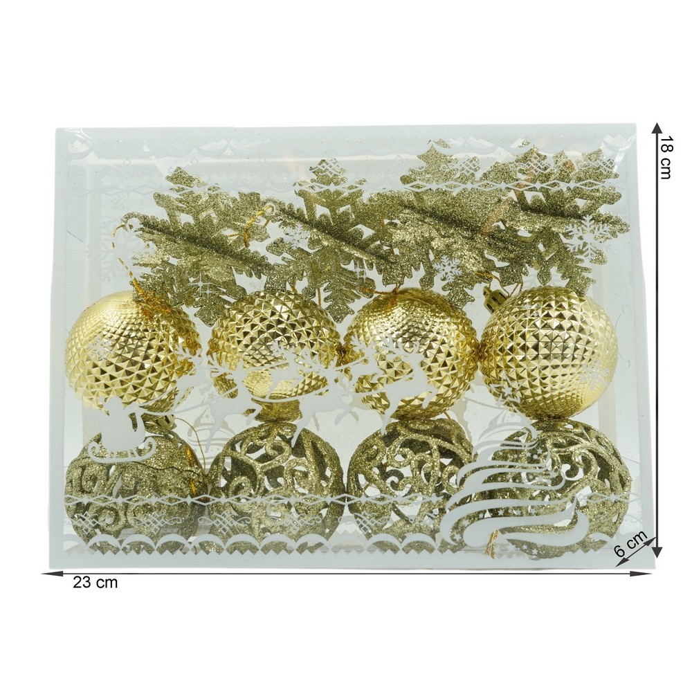 Set de 12 ornamente de brad, Flippy, de tip Glob, Auriu, din plastic, cu finisaj sclipitor , cutie 6 cm adancime x 23 cm lungime x 18 cm inaltime [11]