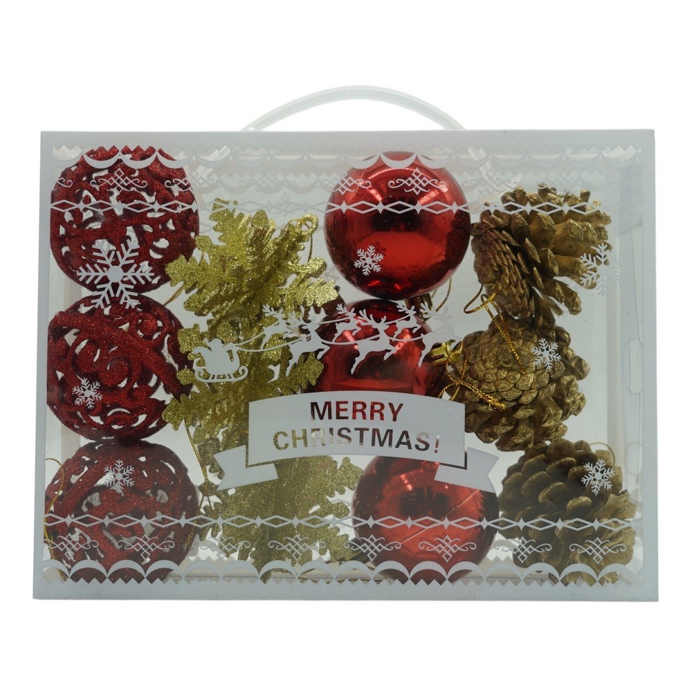 Ornamente Brad - Set de 12 ornamente de brad, Flippy, de tip Glob, Rosu/ Auriu, din plastic, cu finisaj sclipitor , cutie 6 cm adancime x 23 cm lungime x 18 cm inaltime
