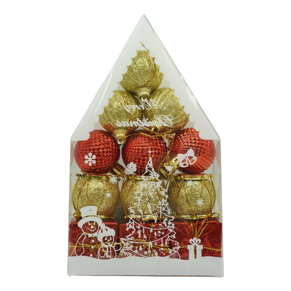 Ornamente Brad - Set de 12 ornamente de brad, Flippy, de tip Glob, Rosu/ Auriu, din polistiren, cu finisaj sclipitor , cutie 4 cm adancime x 20 cm inaltime x 12 cm lungime)