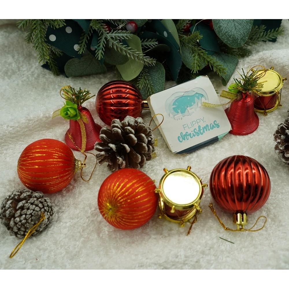 Set de 24 ornamente de brad, Flippy, de tip Glob, Rosu/ Maro, din polistiren, cu finisaj sclipitor , cutie 5 cm adancime x 29 cm lungime x 19 cm inaltime [9]