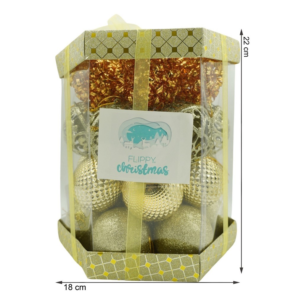 Set de 28 ornamente de brad, Flippy, de tip Glob, Cupru/ Auriu, din polistiren, cu finisaj sclipitor , cutie 18 cm adancime x 22 cm inaltime x 18 cm lungime) [11]