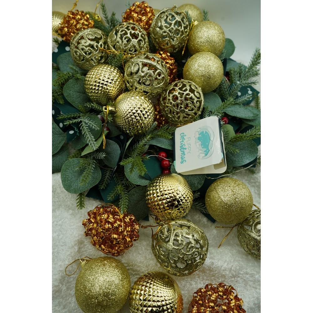 Set de 28 ornamente de brad, Flippy, de tip Glob, Cupru/ Auriu, din polistiren, cu finisaj sclipitor , cutie 18 cm adancime x 22 cm inaltime x 18 cm lungime) [9]